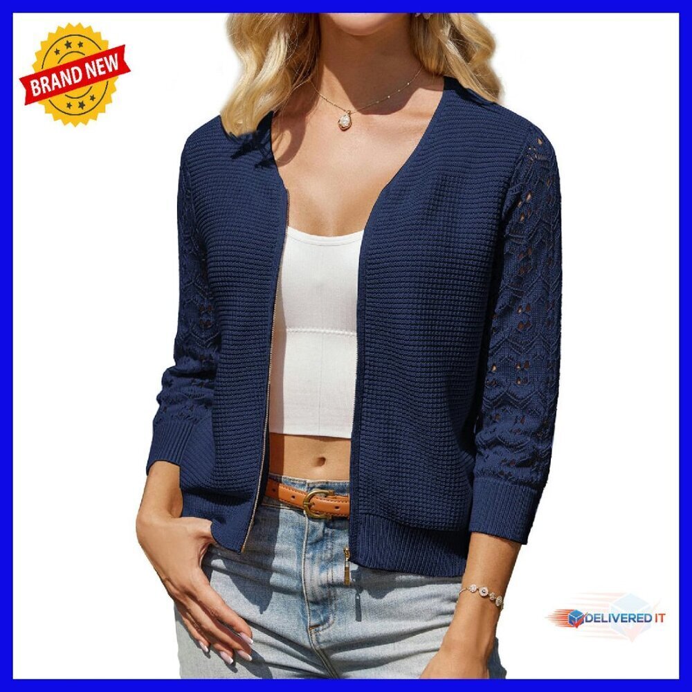 Lightweight Zip-Up Cardigan, 3/4 Sleeve Cropped Sweater, V-Neck Ribbed Knit